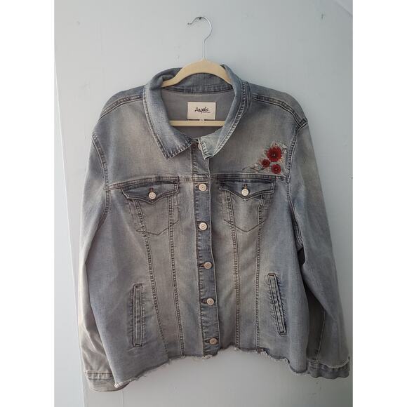 Angels Forever Young Raw Hem Faded Denim Jacket with Flower Embroidery Size 2X - Picture 2 of 10